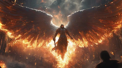 Flaming armored angel descends with blazing wings of fire.