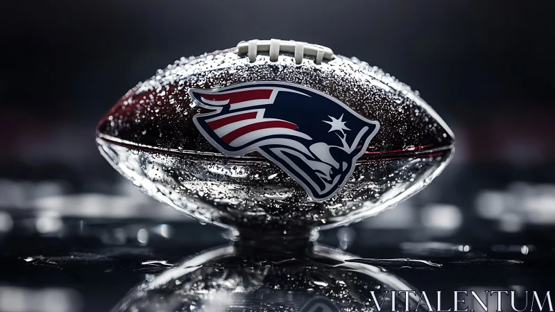 Wet American football with stylized patriot logo rests on turf