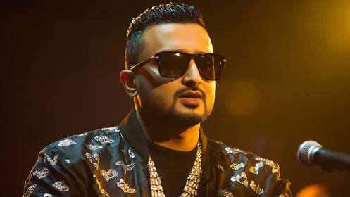 Confident singer shines on stage in warm golden concert light