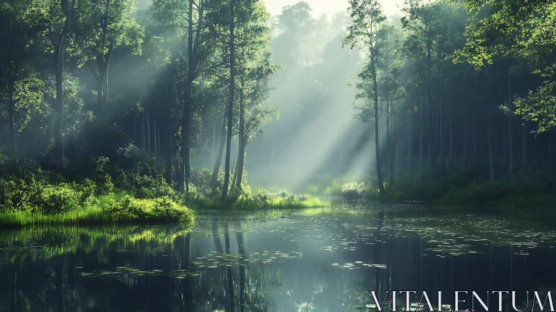 Misty Forest Wetland Landscape with Crepuscular Light Through Tall Timber