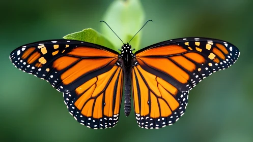 Monarch butterfly with open wings on green background.