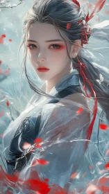 Digital portrait shows stylized woman amid red petals