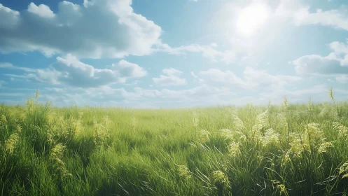 Sunny open grass field under blue sky with white clouds.