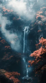Enchanted vertical waterfall amid mist and coral forest.