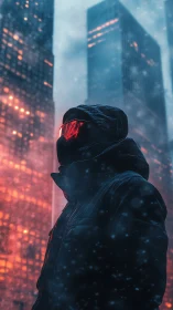 Hooded cyberpunk figure stands amid neon-lit snowfall.