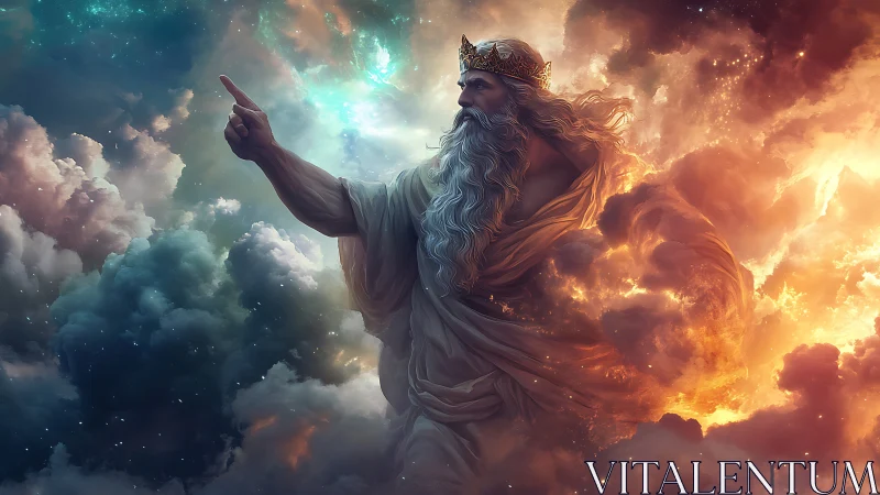 Mythic sky god commanding swirling celestial stormscape.