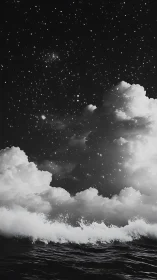 Monochrome ocean waves under dense clouds and stars.