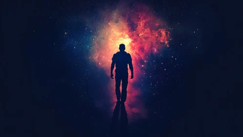 Silhouetted astronaut against nebula core, digital painting.