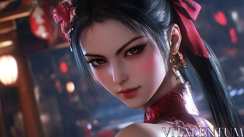 Elegant warrior girl with crimson eyes in neon tavern