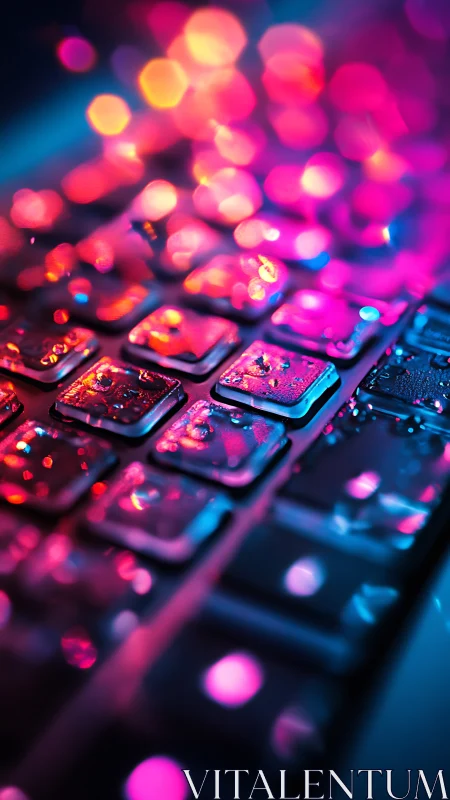 Backlit keyboard keys glow under neon bokeh droplets