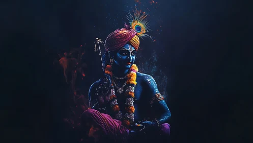 Radiant blue deity in glowing garlands and midnight calm.