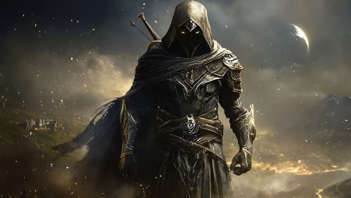 Mysterious hooded warrior strides through a burning fantasy realm.