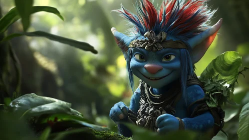 Blue forest creature stands among foliage in soft daylight