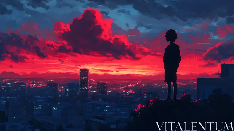 Silhouetted figure observing illuminated city at red sunset.