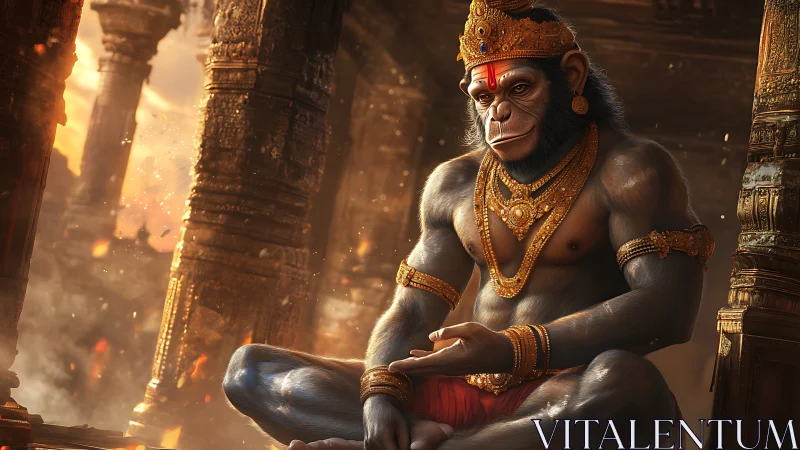 Simian deity in molten ruins holds calm amid swirling fire.