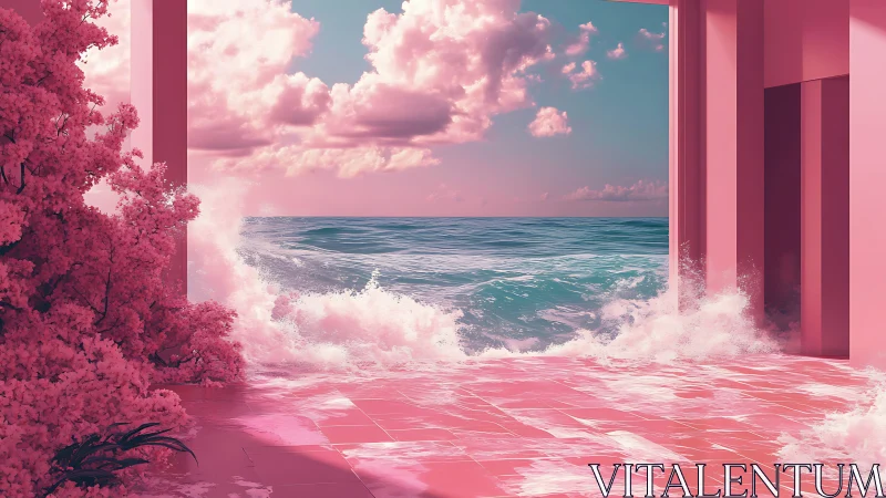 Dreamy pink seaside doorway where waves meet tiles.