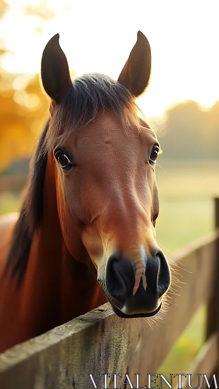 Equine head close-up at sunrise with shallow depth-of-field.