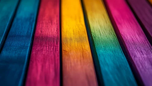 Color-struck wooden planks march in a glowing rainbow parade