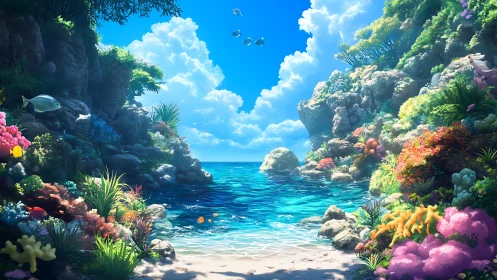 Sunlit tropical cove opens to a tranquil crystal ocean