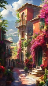 Sunlit Mediterranean alley with cascading bougainvillea blooms.