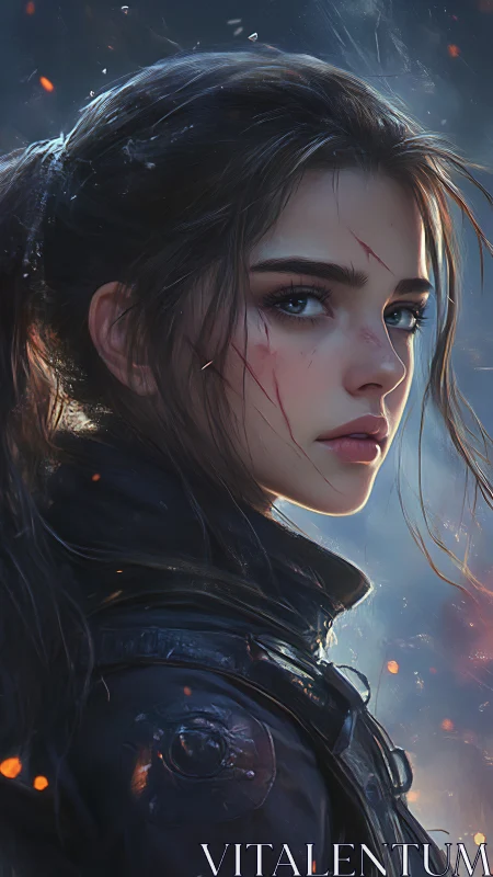 Scarred dusk ranger in emberlit armor, eyes of quiet revolt.