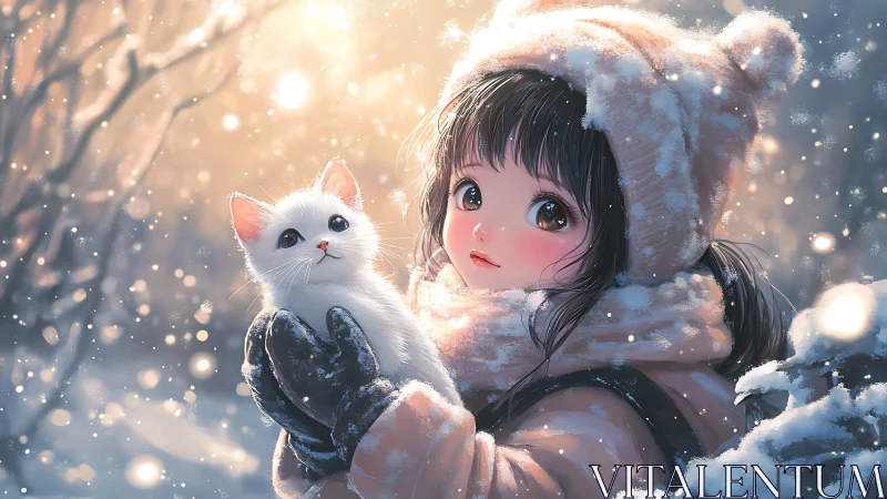 Snowy child cradles white kitten in glowing winter light.