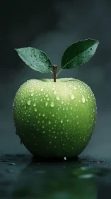 Dew-kissed green apple under moody studio lighting.