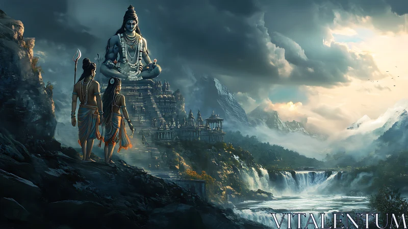 Digital landscape shows temple complex beneath seated statue