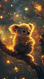 Gentle koala resting on a glowing forest branch at dusk.
