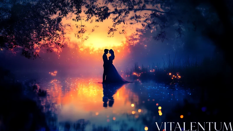 Couple Silhouetted Against Sunset Over Water.
