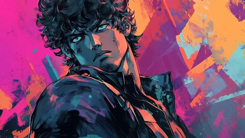 Brooding curly haired man in stylized neon portrait.