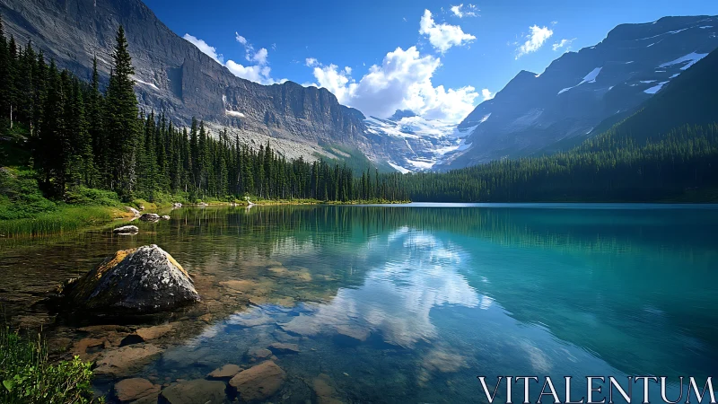 Glacial lake reflection beneath dramatic alpine cliffs.