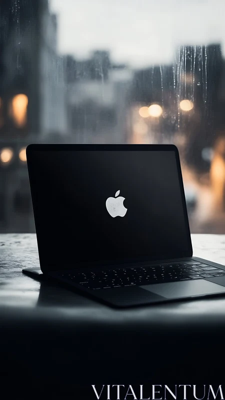 Open laptop on table in front of rainy city window.