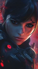 Fierce sci fi heroine glowing with neon powered resolve.