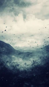 Monochrome landscape records airborne debris and cloud mass