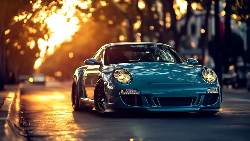 Blue sports coupe glows against warm urban sunset street