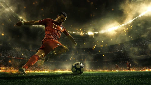 Electric soccer striker winds up for a powerful stadium shot.