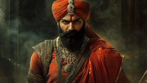 Warrior in ornate red turban and armor against dark smoke