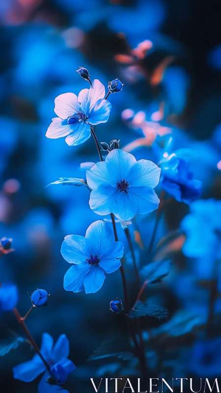 Delicate blue flowers bloom among soft bokeh lights.