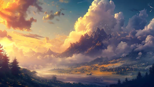 Sunlit alpine range beneath towering golden clouds.