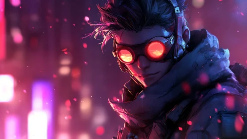 Cyberpunk figure with red goggles in neon cityscape at night.