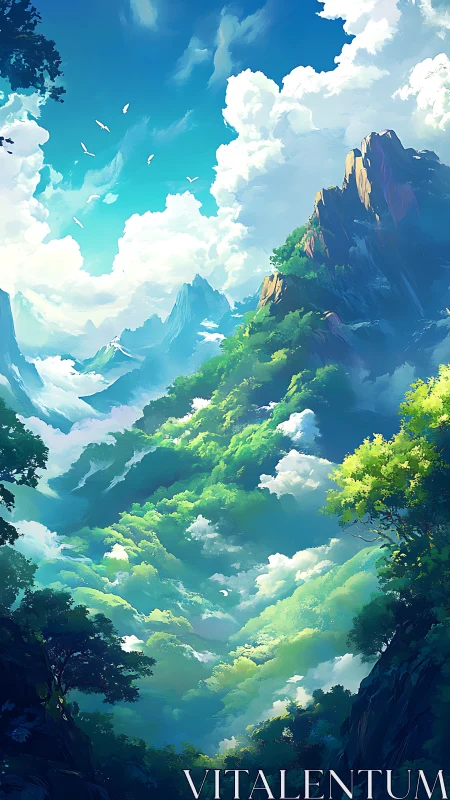 Vertical fantasy mountainscape with luminous cloud canyons.