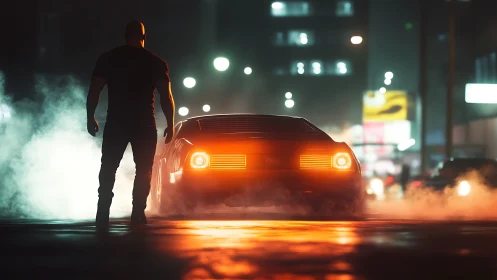 Man facing sports car in neon lit night city street scene.