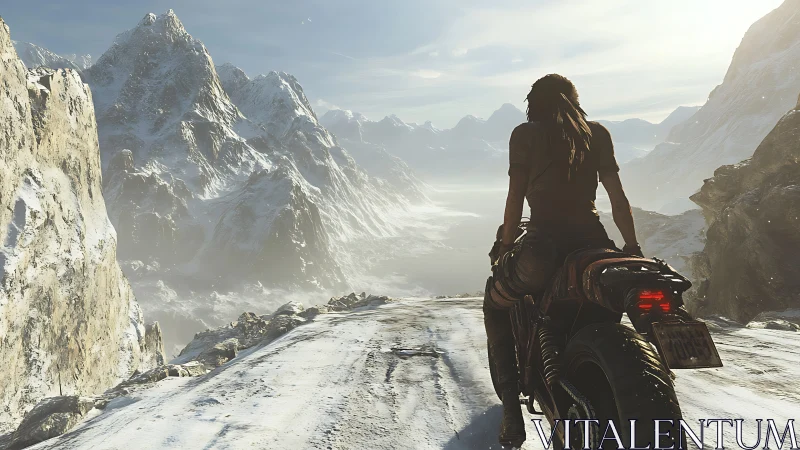 Photorealistic rider on snowy mountain pass environment design.