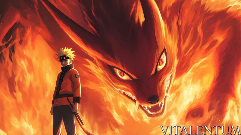 Fiery ninja strides before a roaring fox inferno guardian.