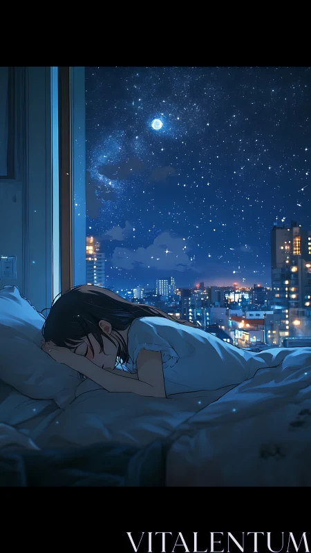 Girl sleeps by window overlooking dense starry city night