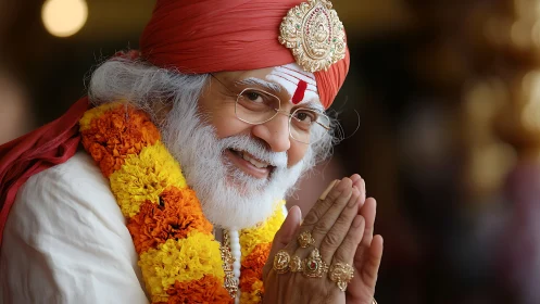 Gentle elder in marigold garland sharing a peaceful blessing.