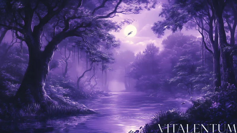 Moonlit river hums softly beneath a violet enchanted forest
