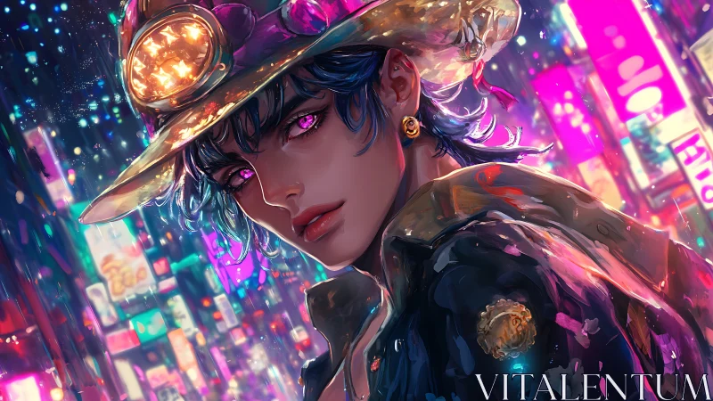 Neon lit portrait of miner styled figure in urban nightscape.