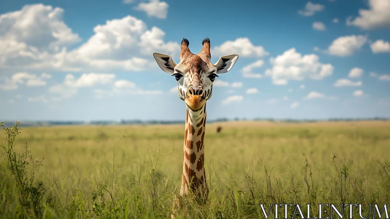 Giraffe gazes calmly across open grassy African savanna.